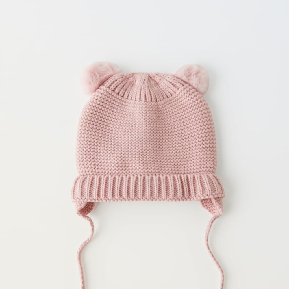 Zara Pom Pom Pink Baby Benie Hat with Side Ties